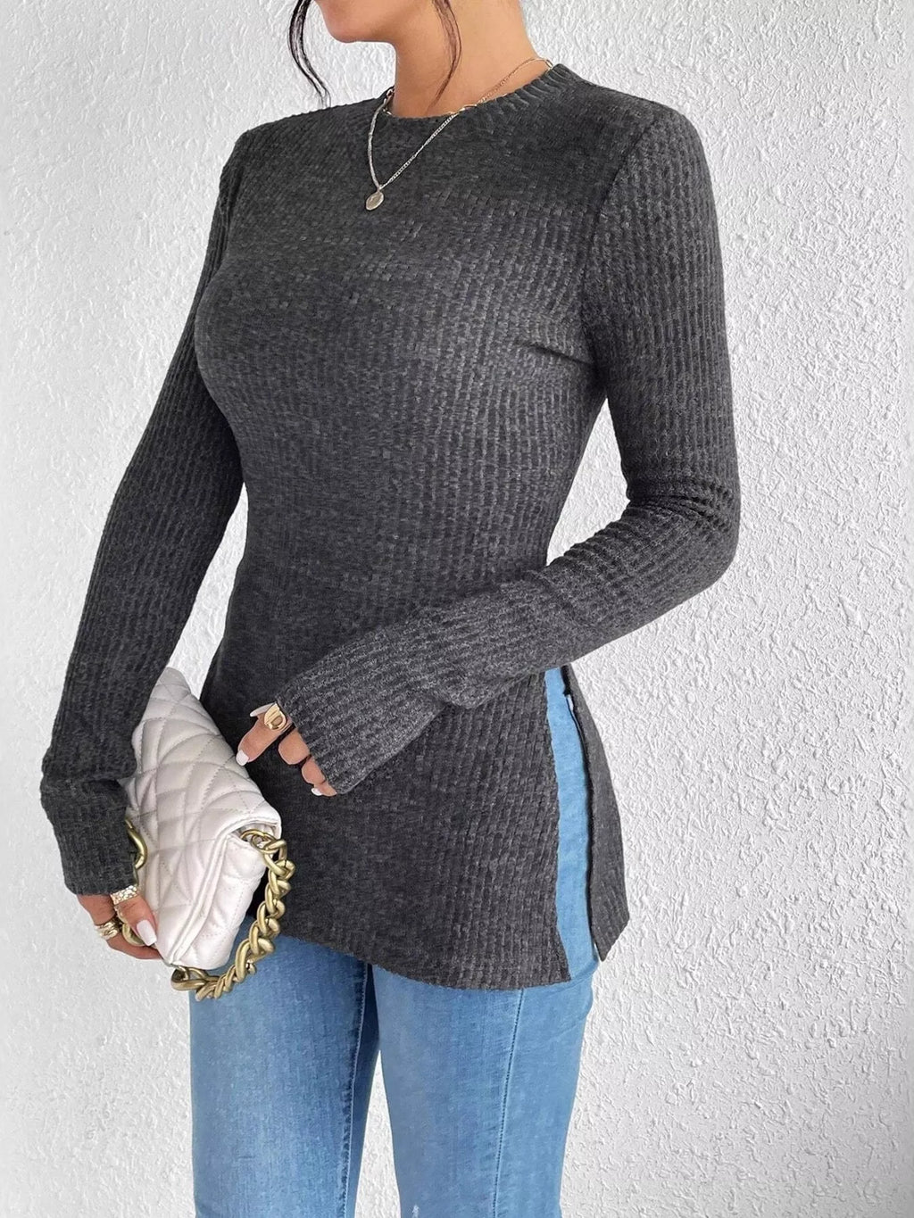 Slit Round Neck Long Sleeve T-Shirt