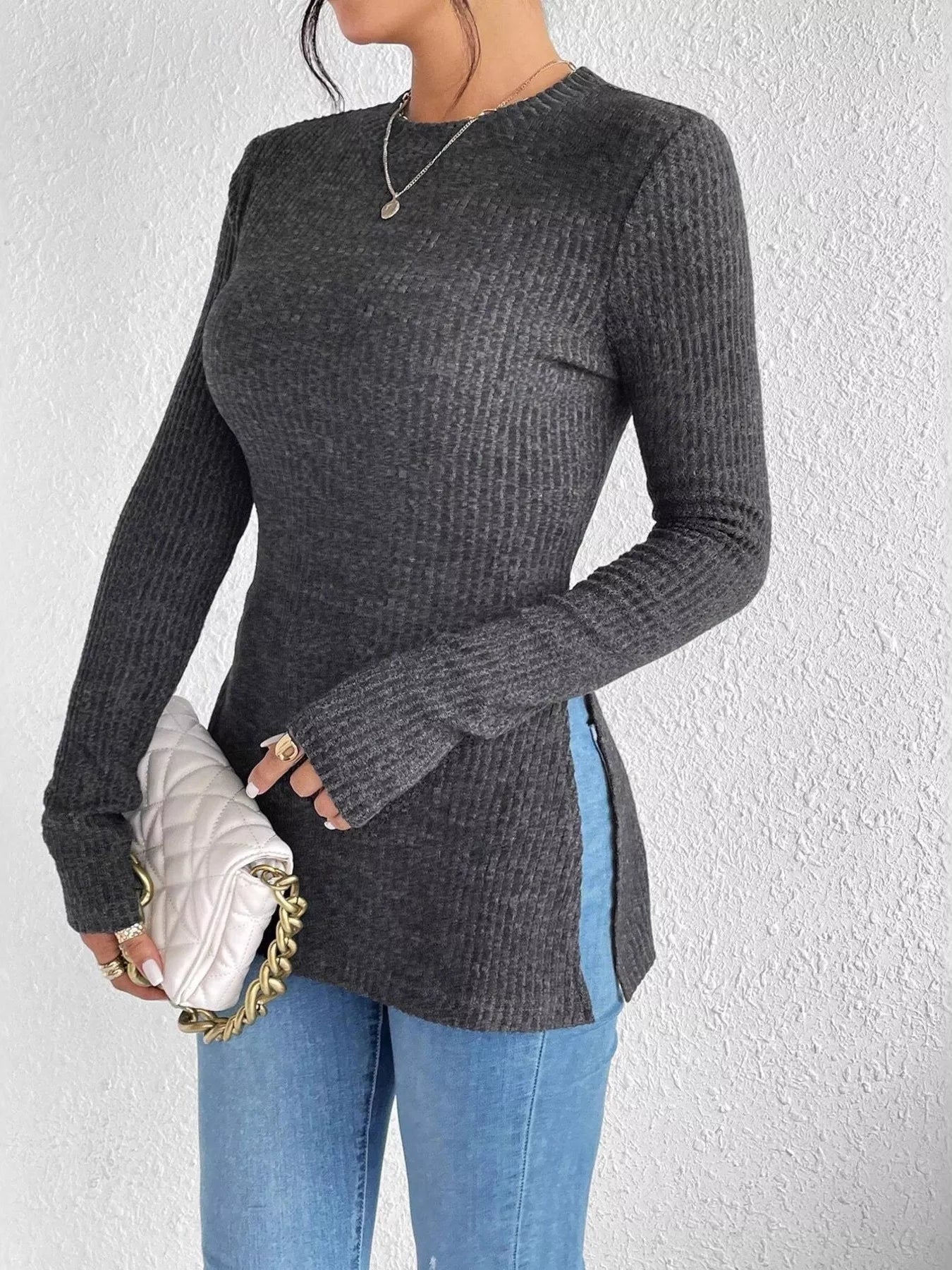 Slit Round Neck Long Sleeve T-Shirt