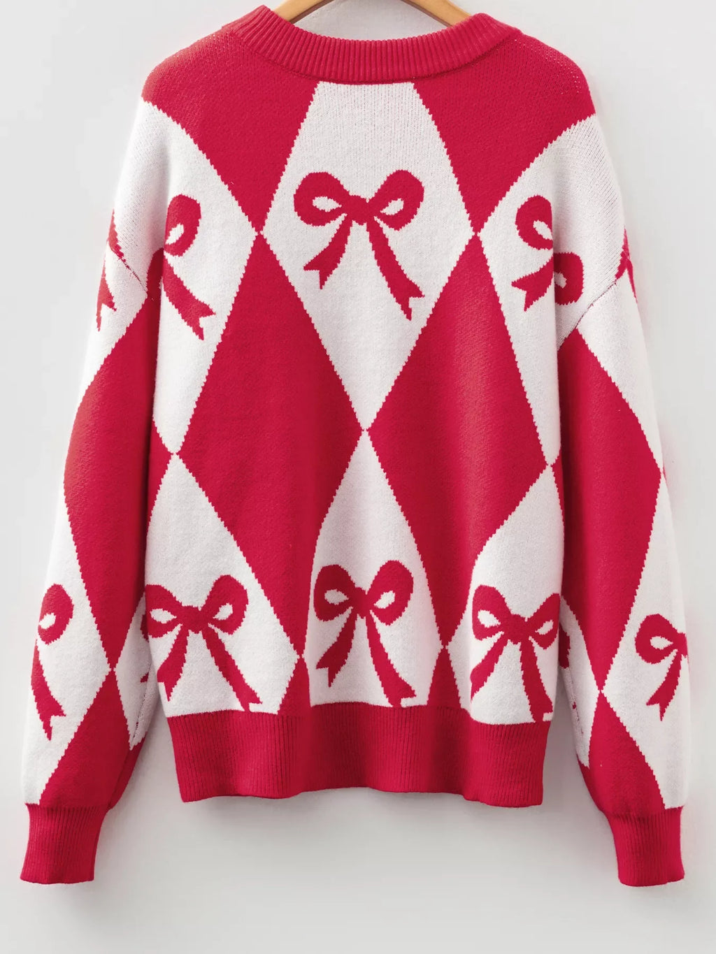 Bow Print 2-Tone Rhombus Knit Loose Sweater