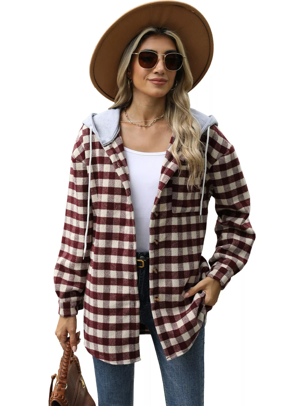Plaid Button Up Long Sleeve Drawstring Hooded Jacket