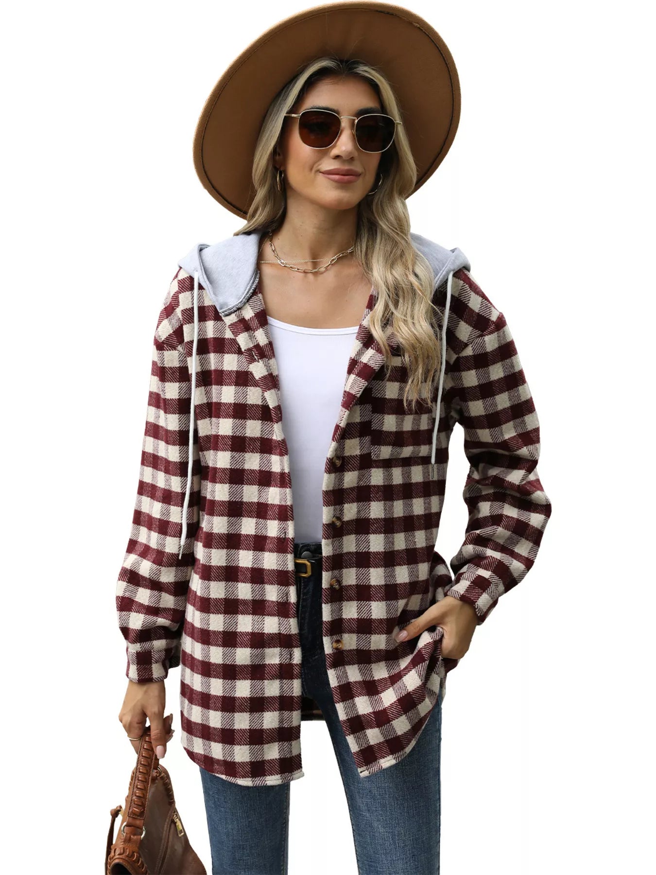 Plaid Button Up Long Sleeve Drawstring Hooded Jacket