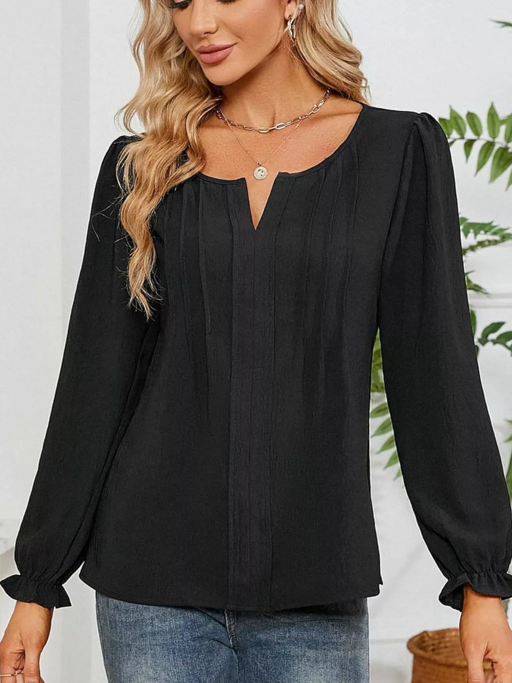 Notched Ruffle Cuff Blouse