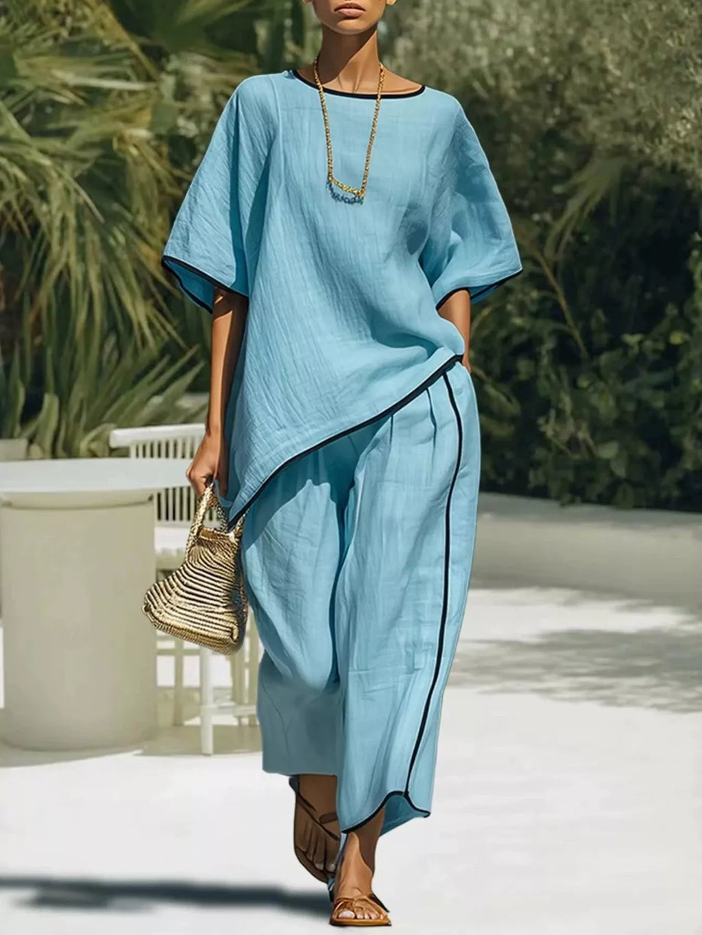 Full Size Contrast Trim Half Sleeve Top and Pants Set Plus Size