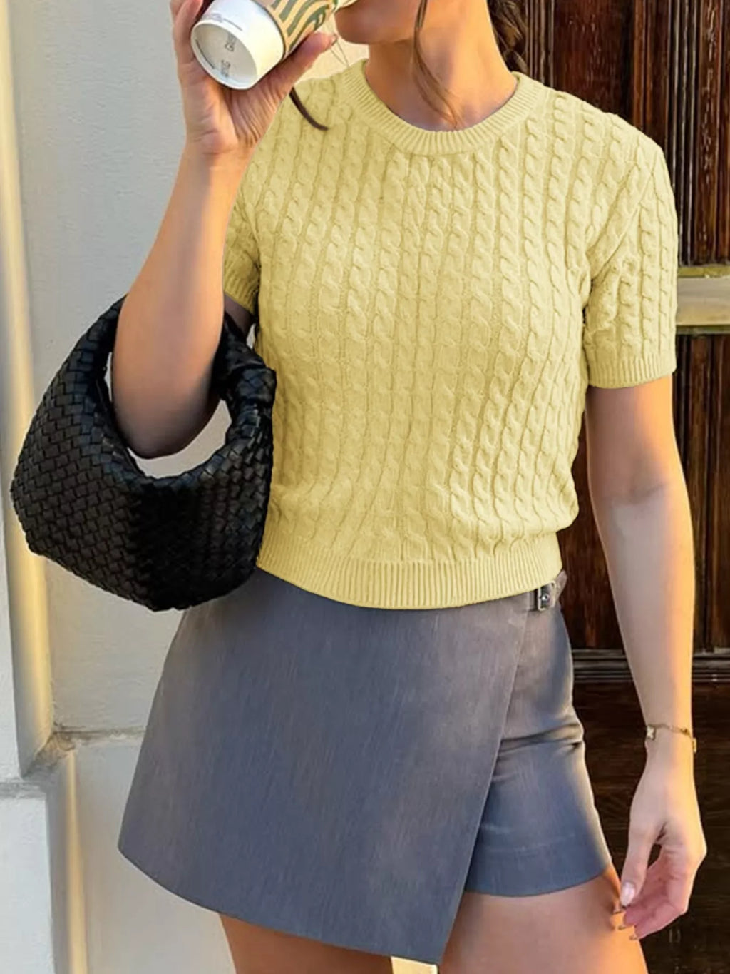 Cable-Knit Short Sleeve Sweater