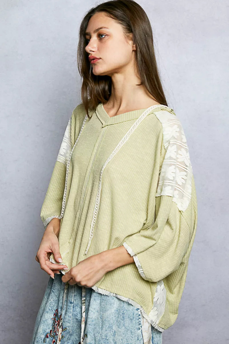 POL Short Sleeve Hoodie Top with Lace Detail