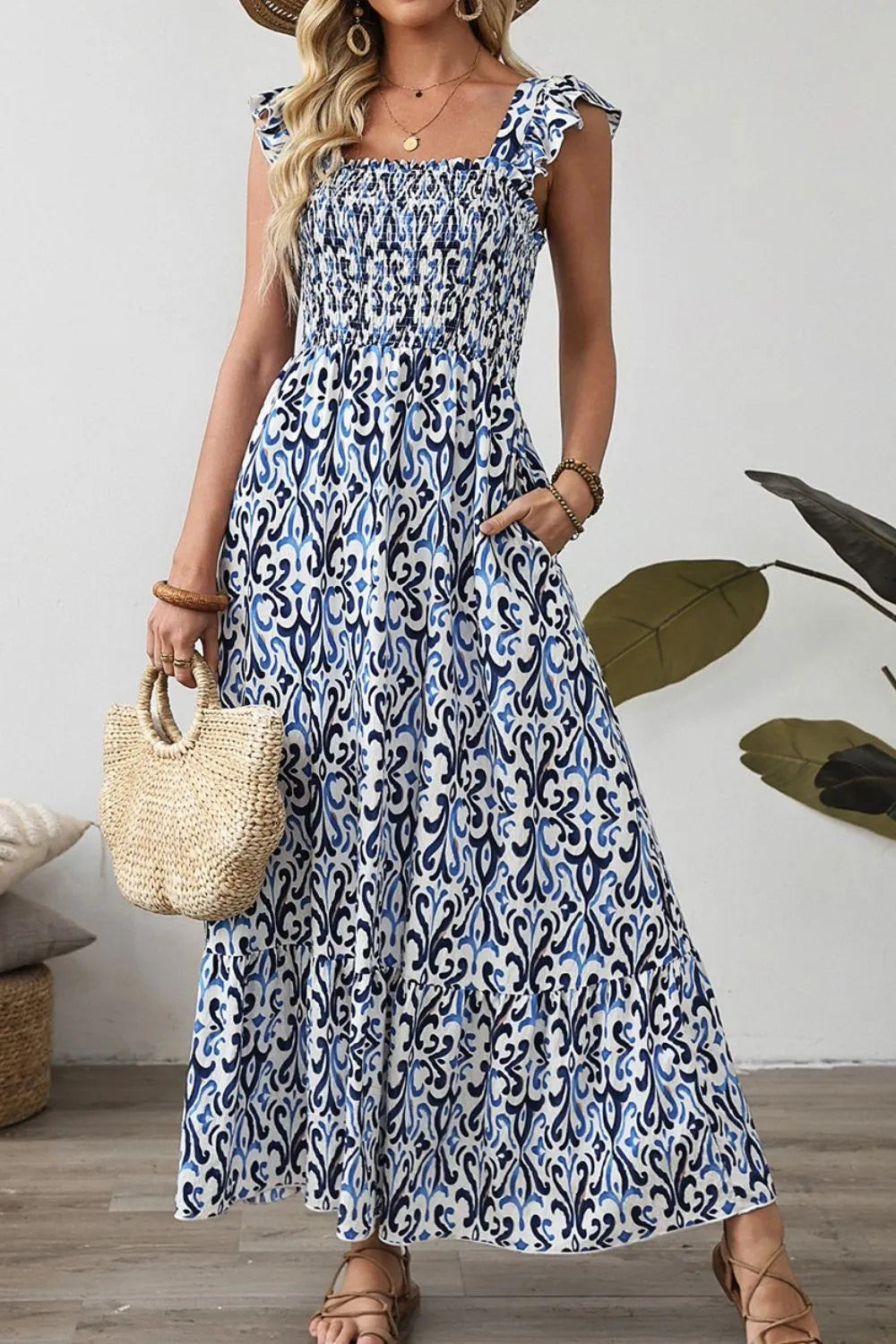 Smocked Printed Square Neck Dress