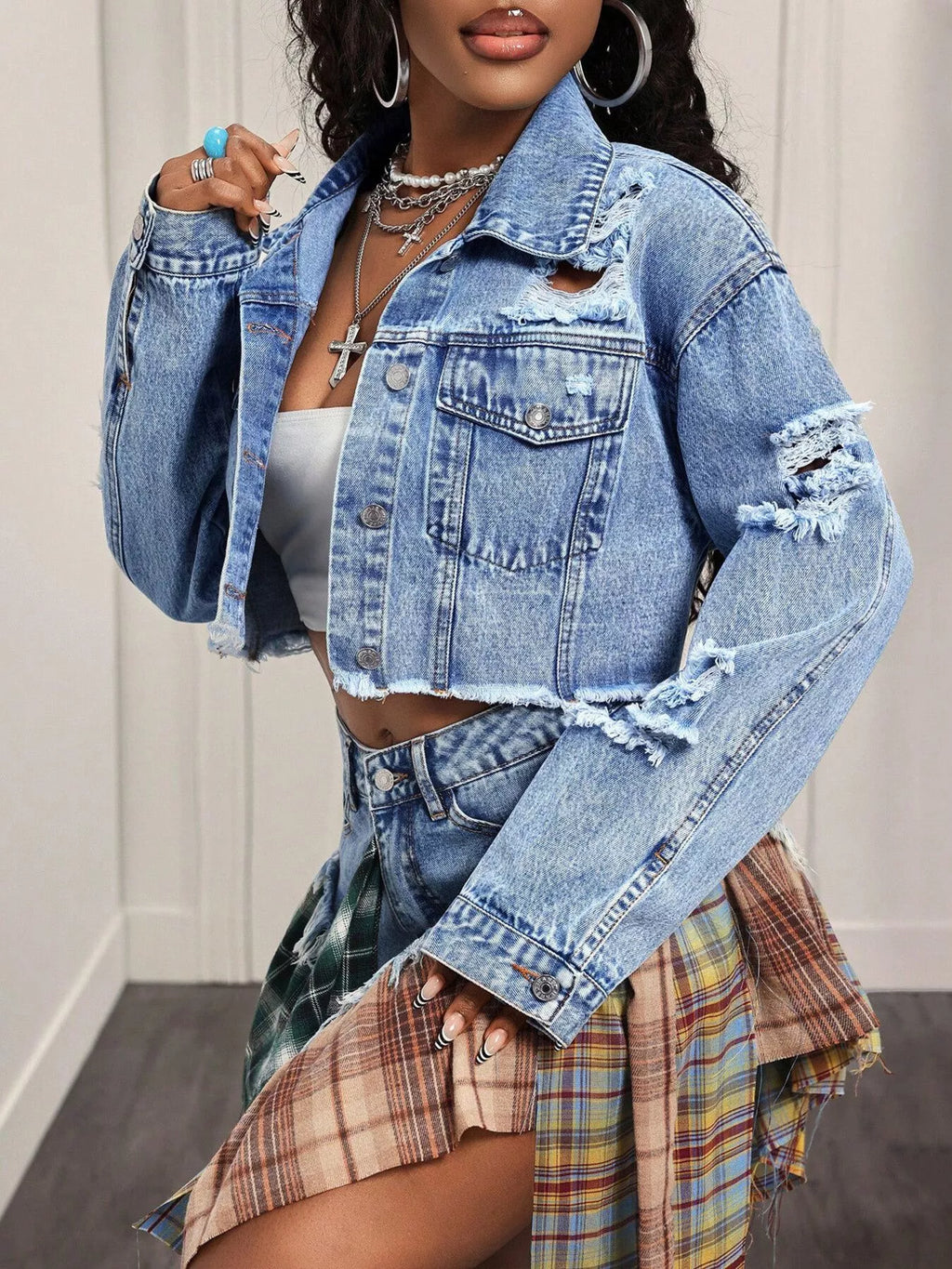 Distressed Cropped Denim Jacket