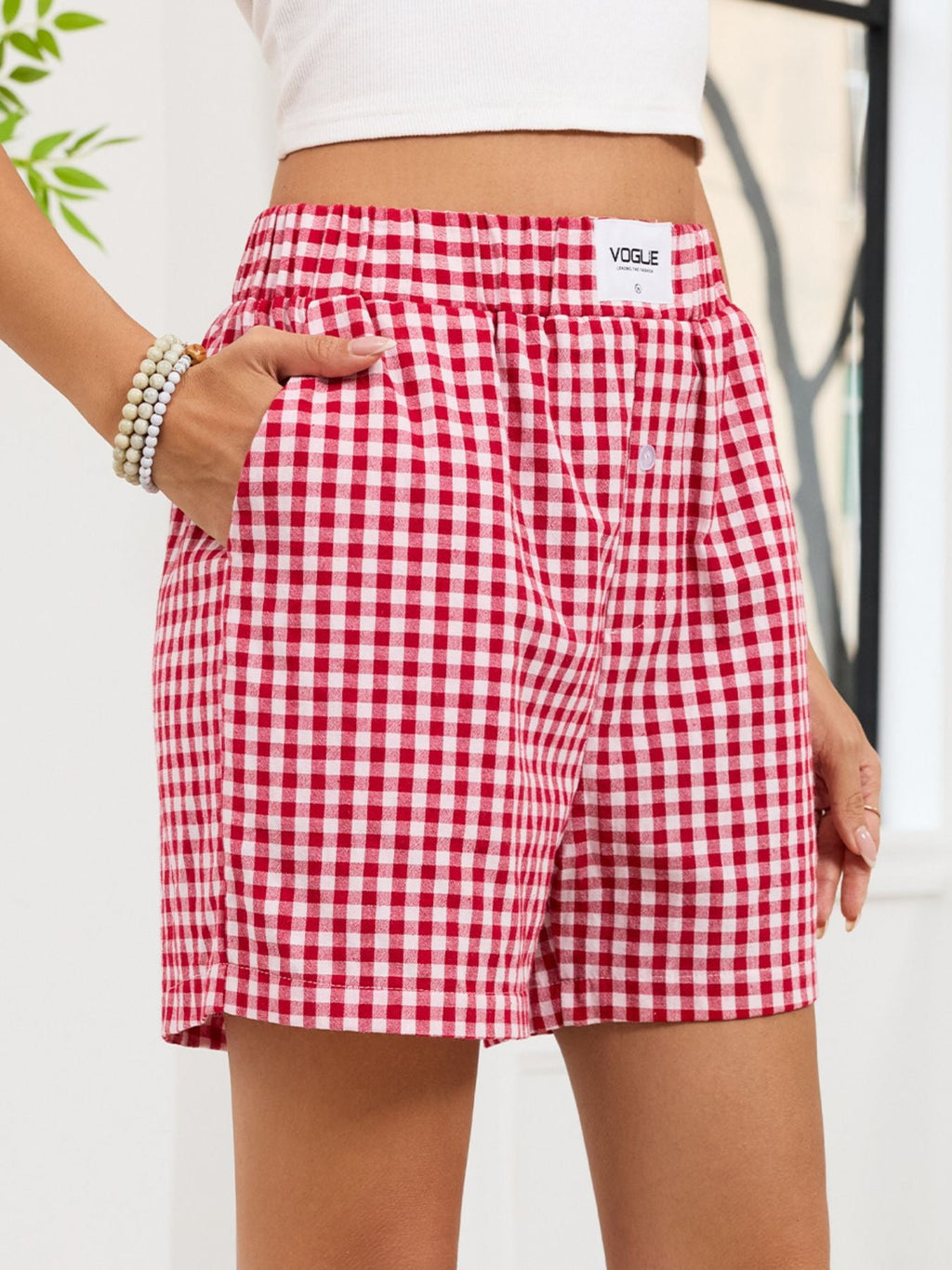 Gingham Elastic Waist Casual Shorts