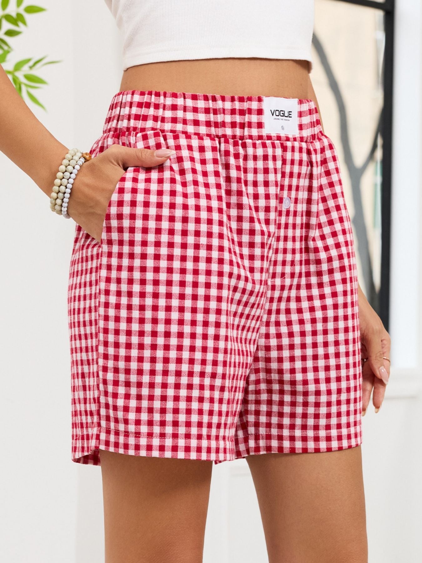 Gingham Elastic Waist Casual Shorts