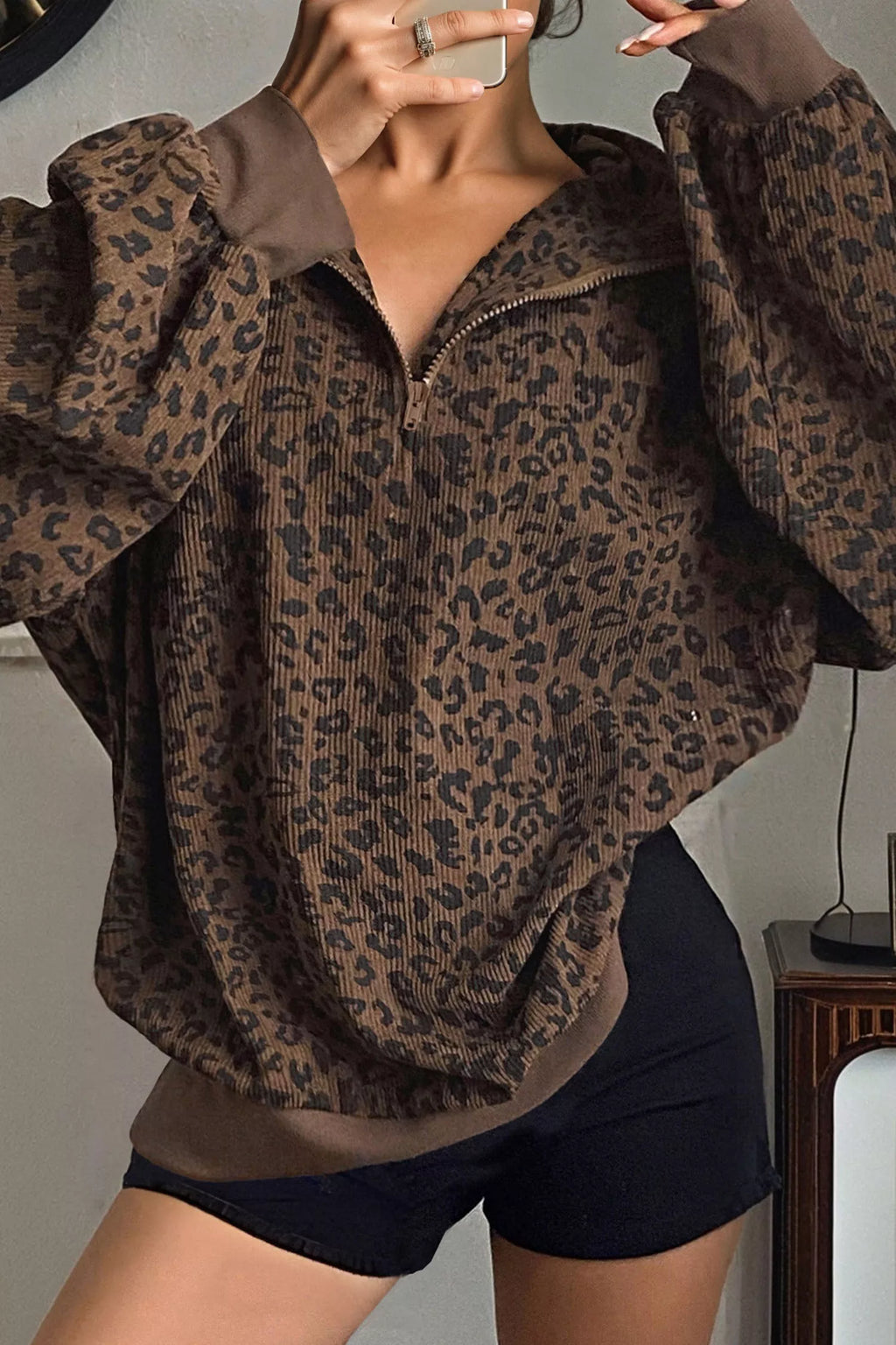 Leopard Print Quarter Zip Corduroy Sweatshirt