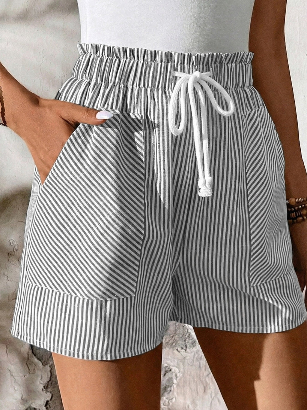 Striped Elastic Waist Drawstring Shorts