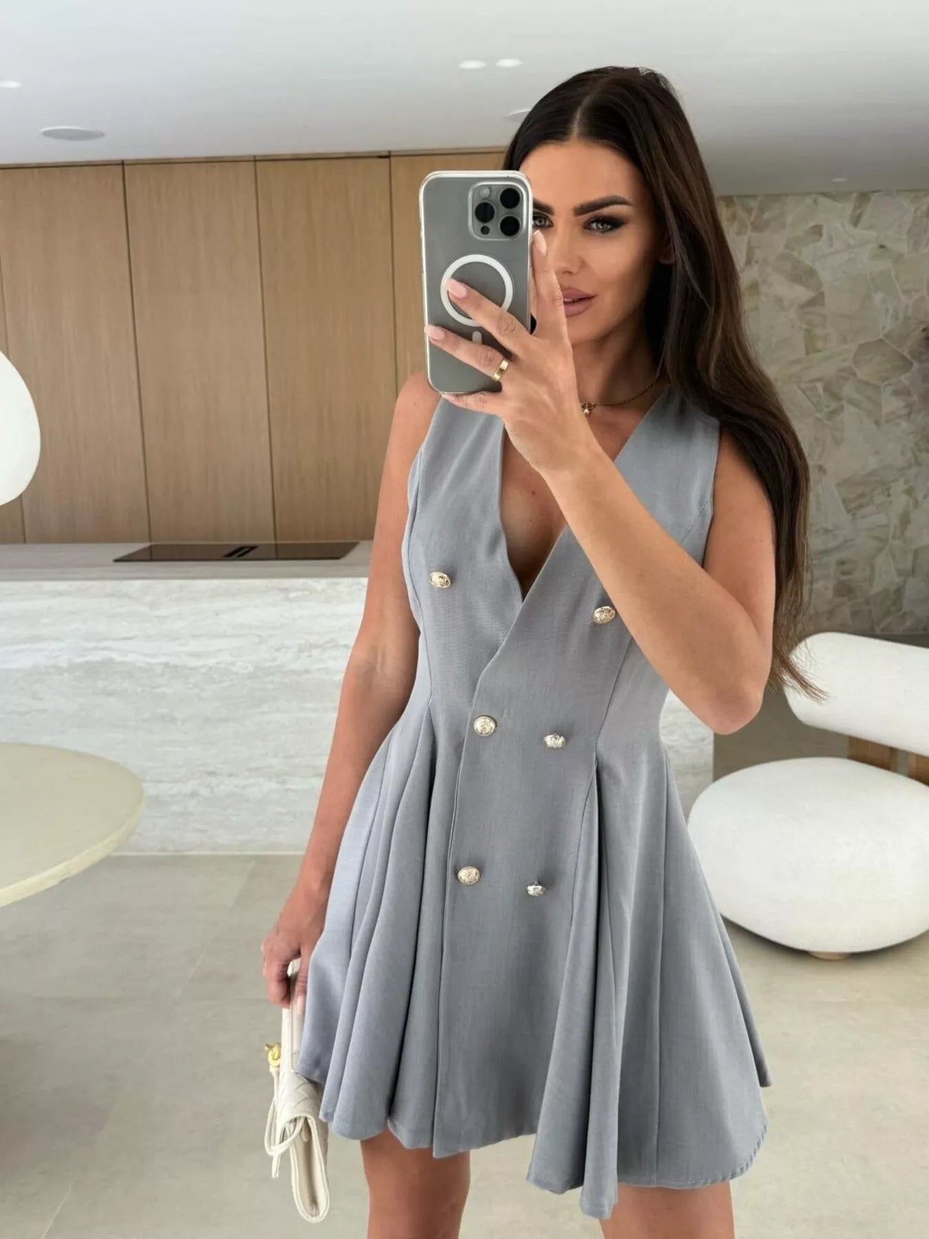 Double-Breasted V-Neck Mini Dress