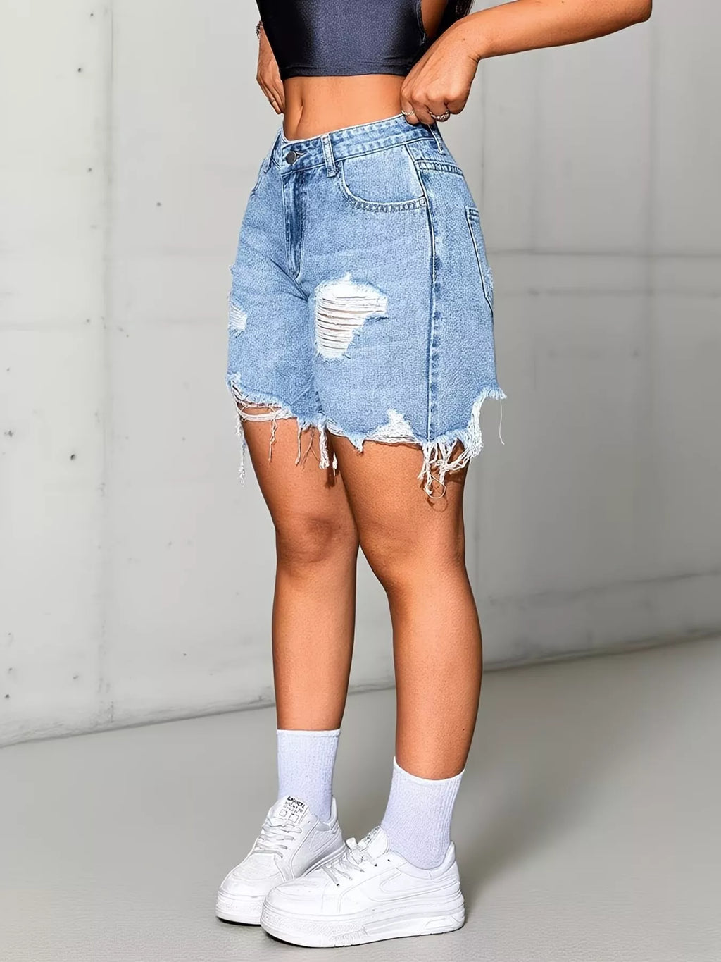 Distressed High Waist Denim Shorts