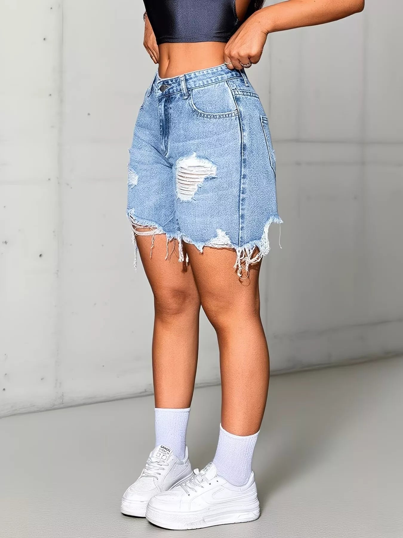 Distressed High Waist Denim Shorts