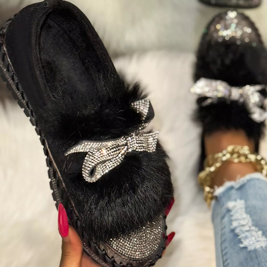 Fuzzy Bowknot Rhinestone Platform Loafers