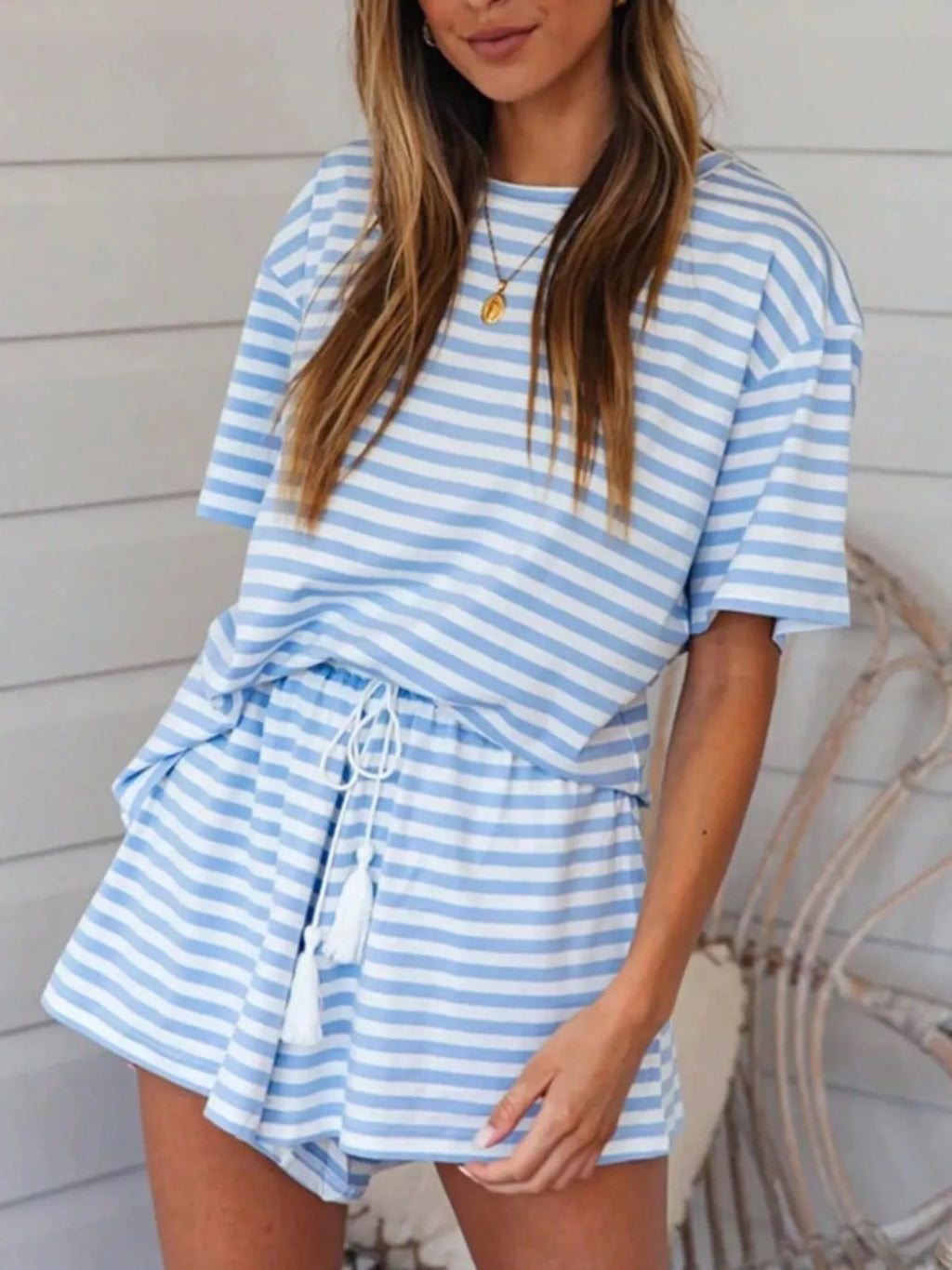 Striped Short Sleeve Tee and Drawstring Shorts Set