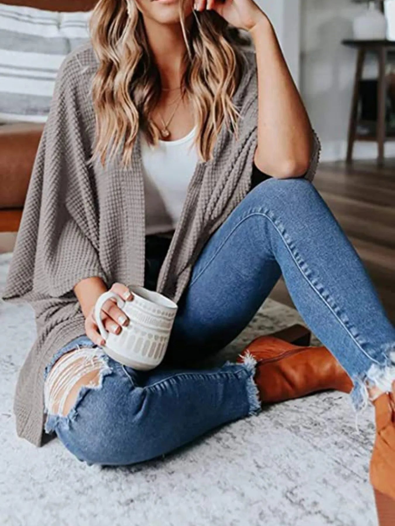 Full Size Open Front Waffle Knit Cardigan Plus Size