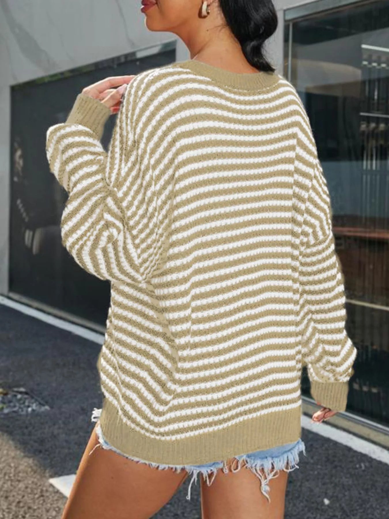 Striped Round Neck Drop Shoulder Sweater