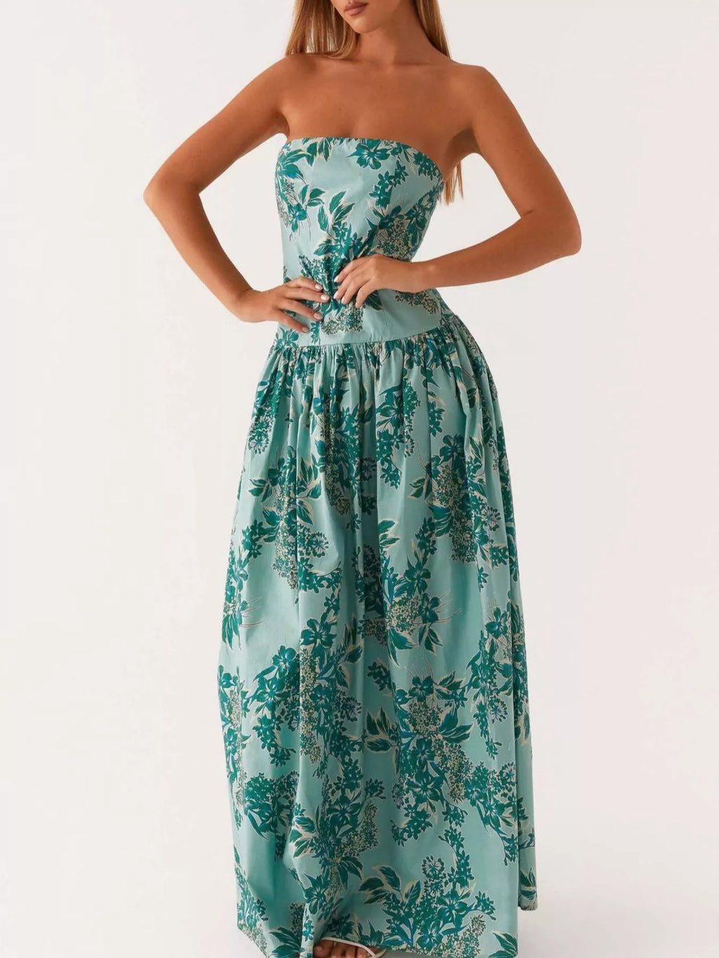 Ruched Printed Tube Maxi Dress