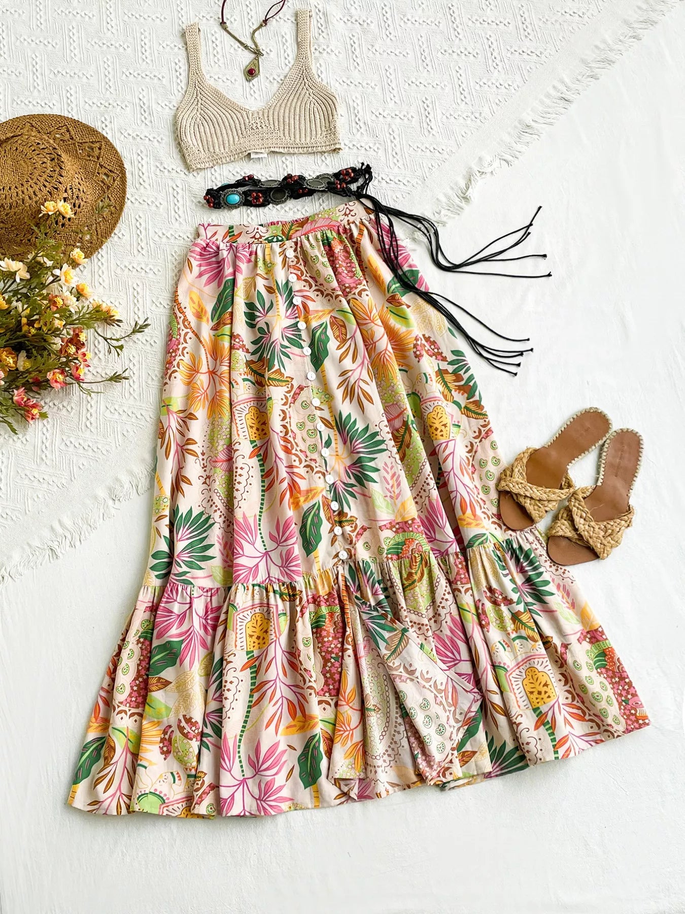 Floral Print Ruffle Hem Skirt