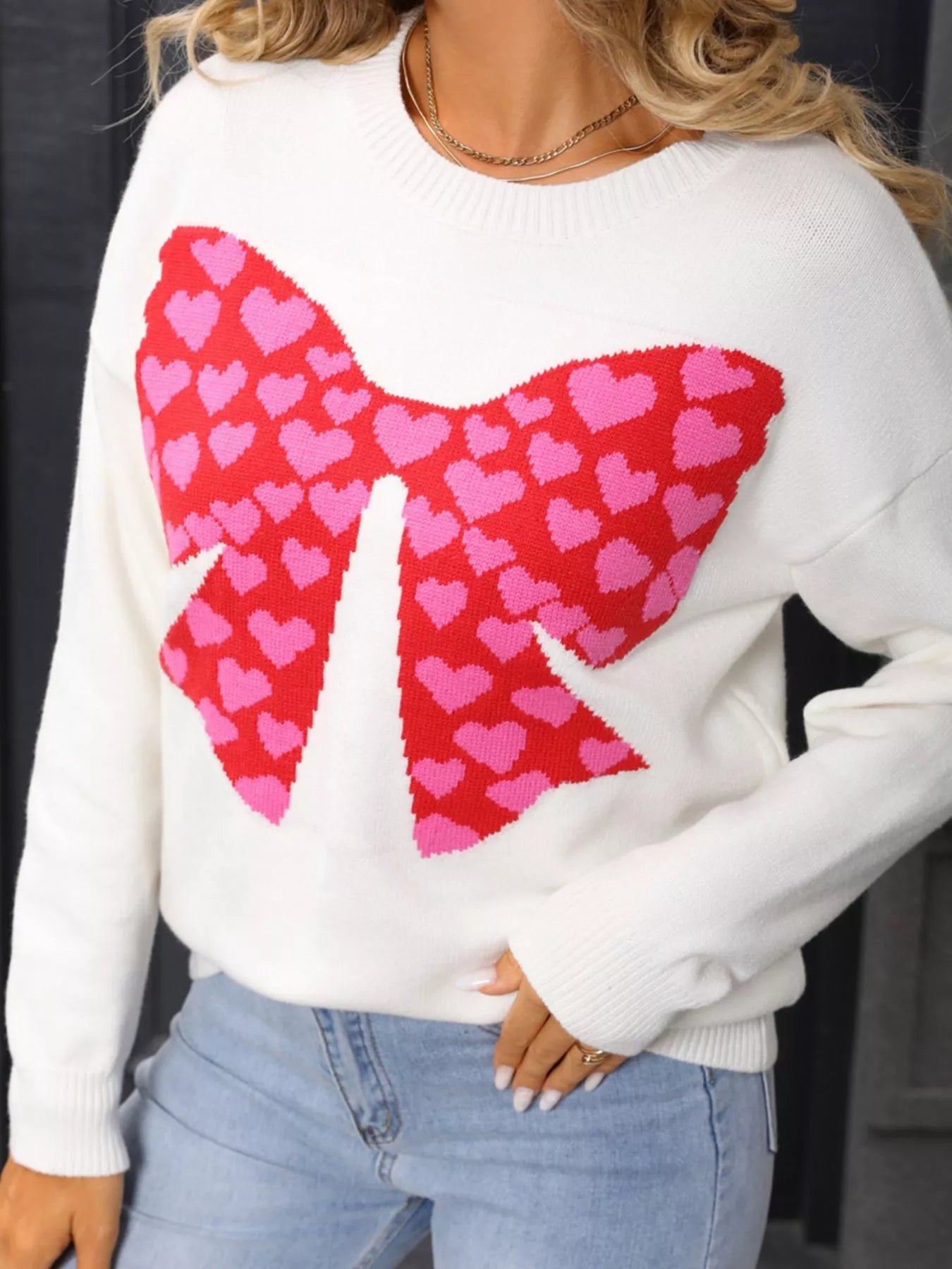 Valentine's Day Heart Bow Round Neck Sweater