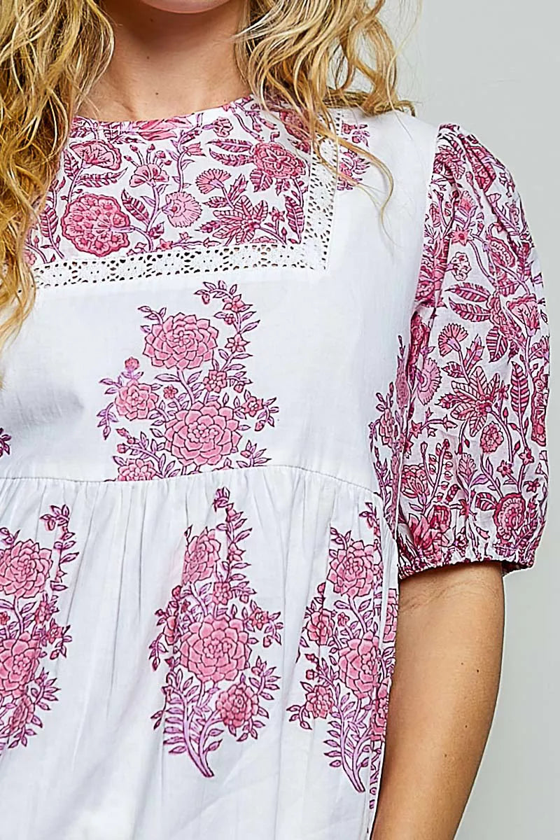 POL Vintage Hand Block Print Floral Woven Blouse