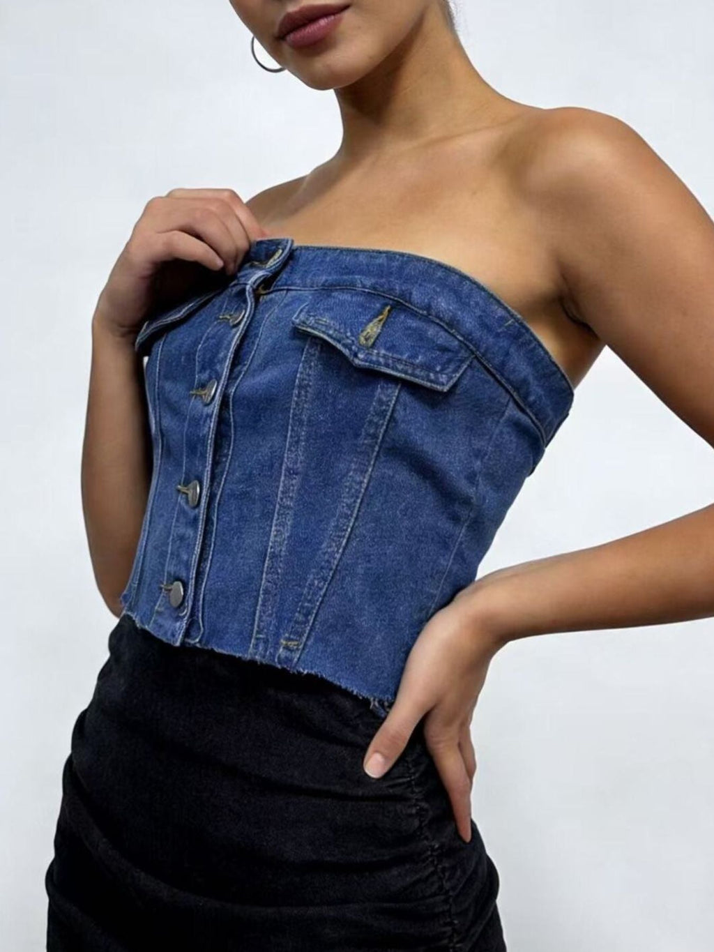 Button Front Denim Tube Top