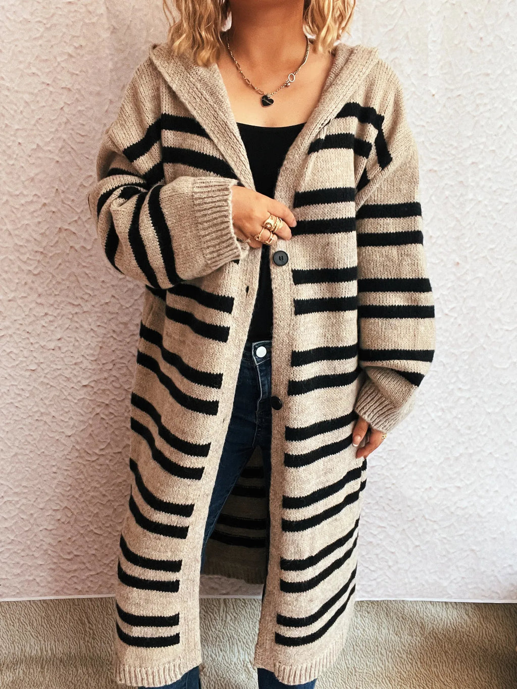 Striped Open Front Hooded Cardigan