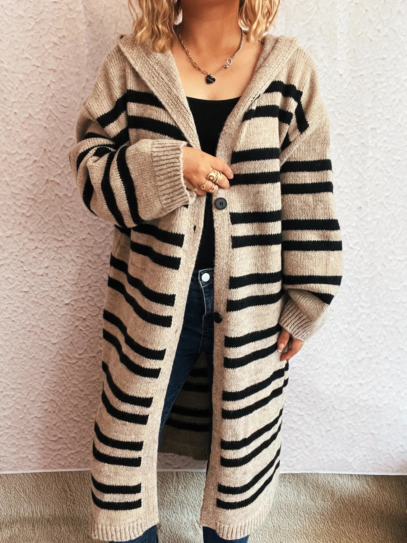 Striped Open Front Hooded Cardigan