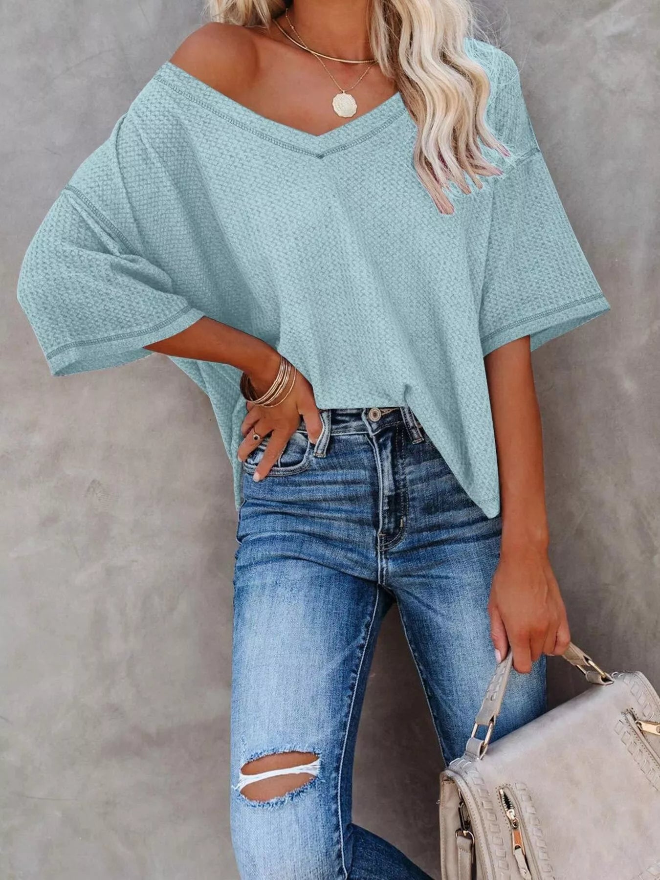 Waffle Knit V-Neck Short Sleeve T-Shirt