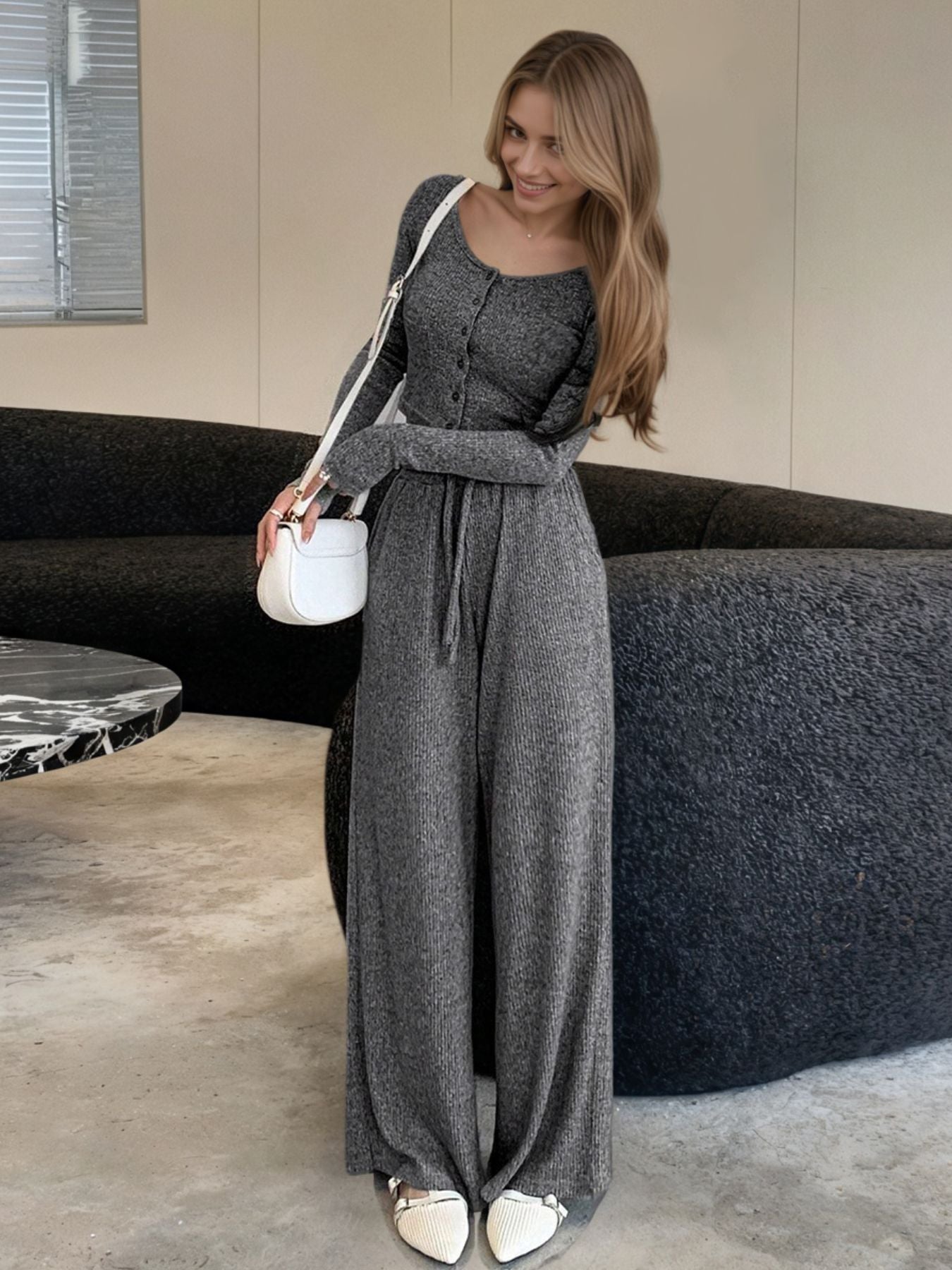 Casual Knit Long Sleeve Top and Wide Leg Pants Set