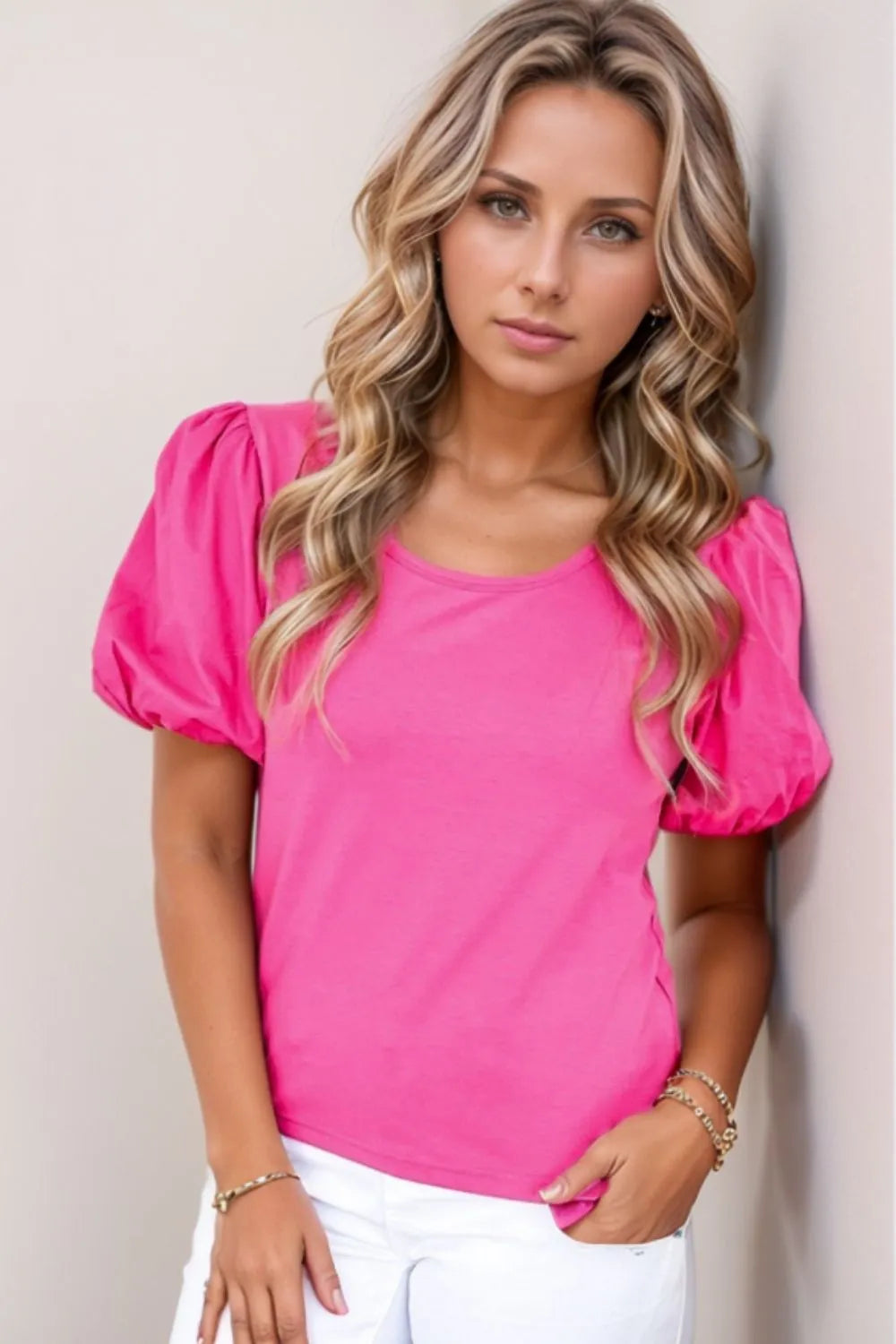 Casual Round Neck Bubble Sleeve T-Shirt