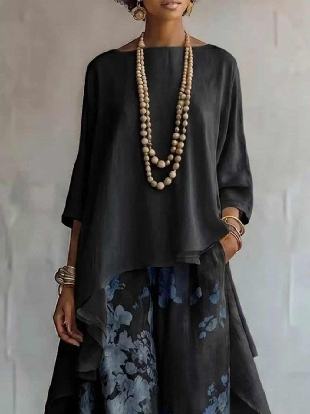 Asymmetrical Hem Top and Floral Pants Set