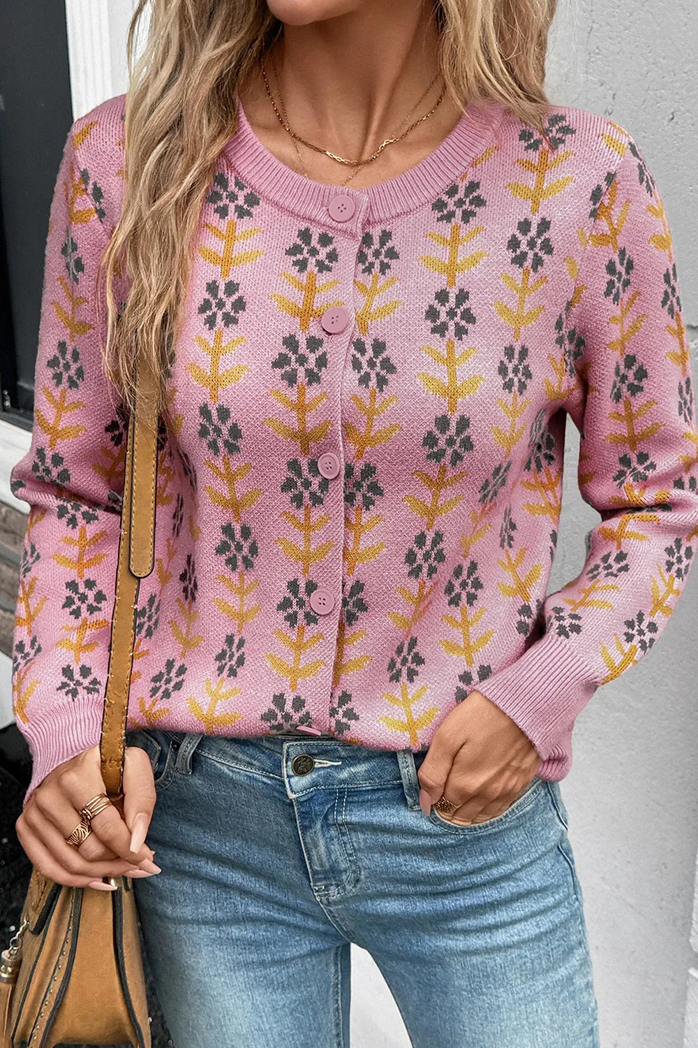 Floral Button-Up Knit Cardigan