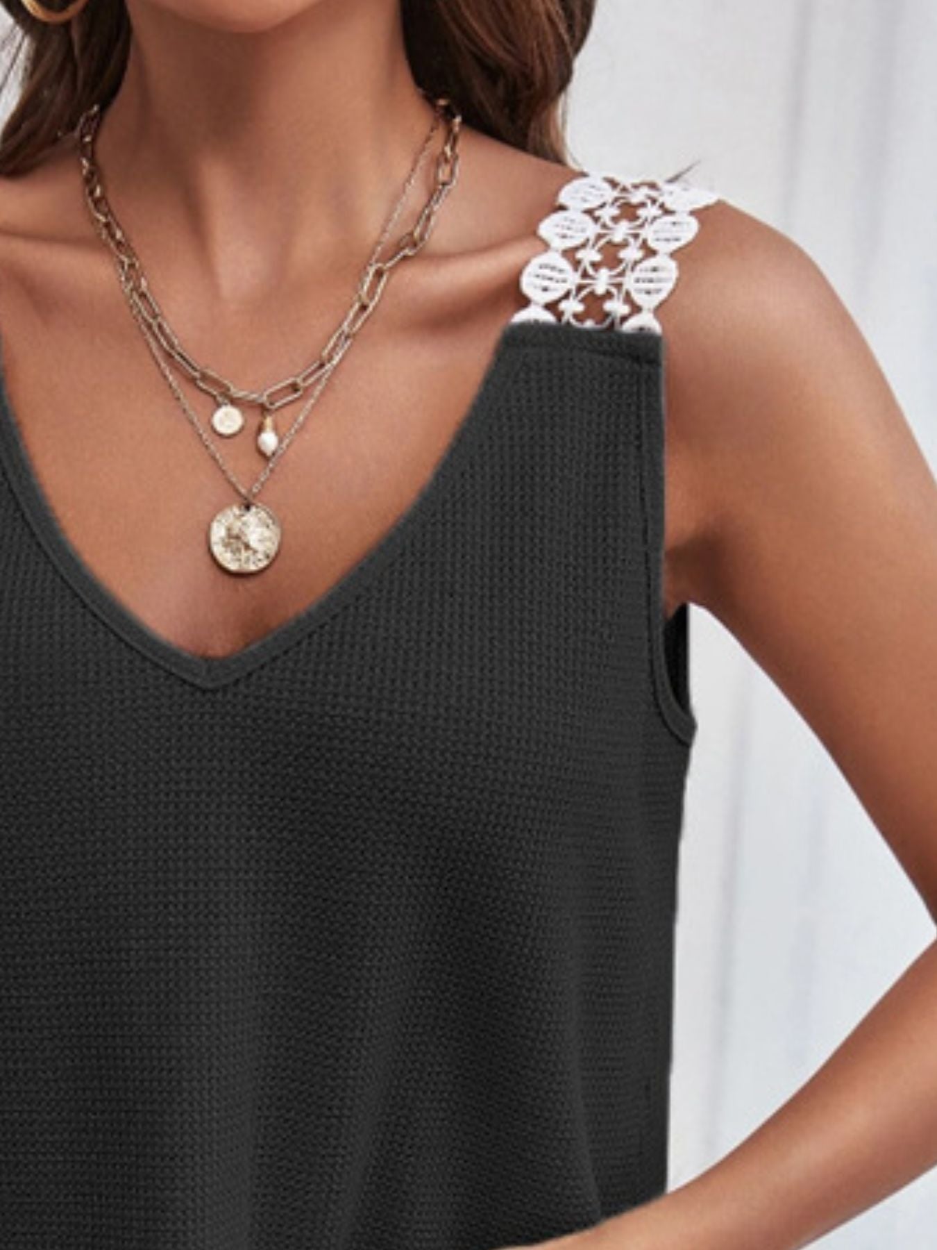 Full Size Lace Trim V-Neck Waffle Knit Tank Plus Size