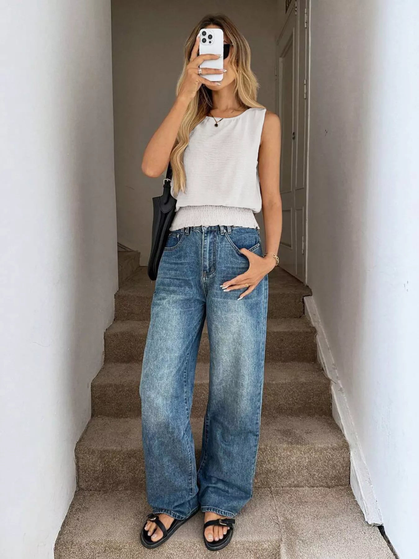 Smocked Round Neck Tank