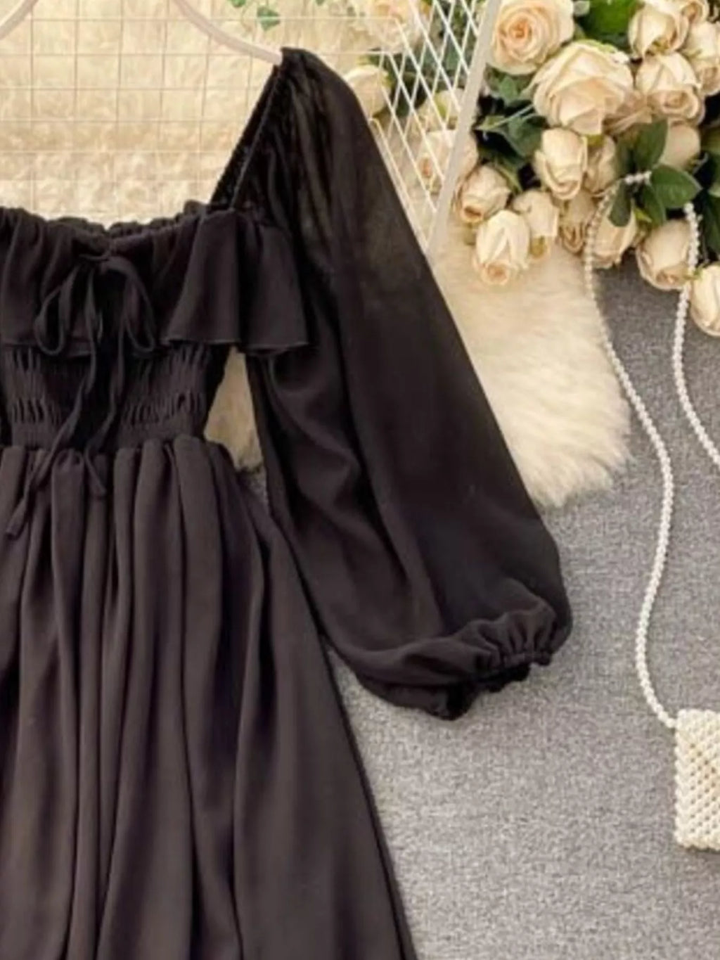 Ruffle Square Neck Balloon Sleeve A-Line Dress