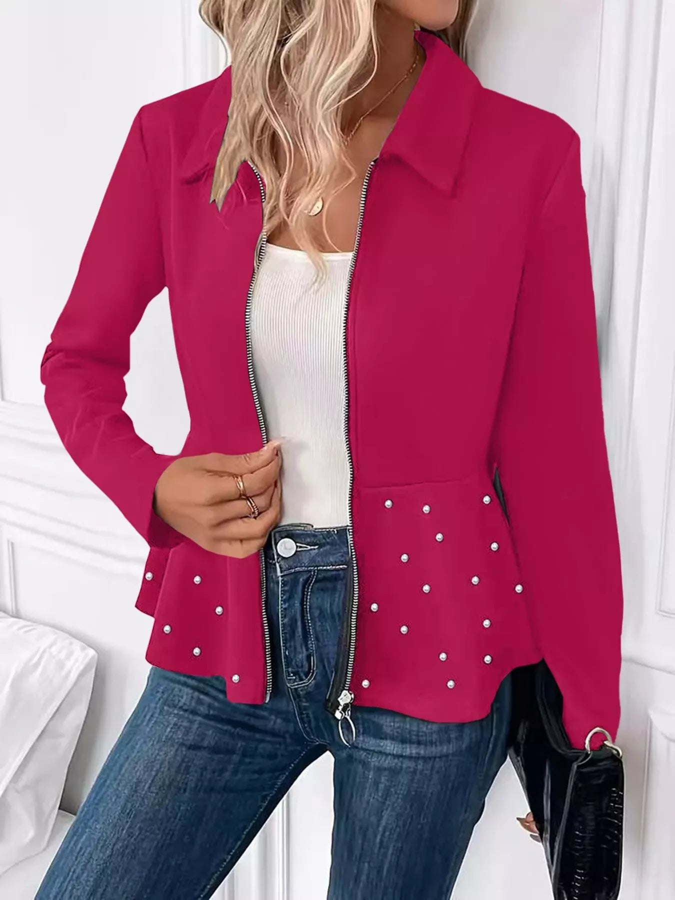 Pearl Embellished Zip-Up Peplum Outerwear