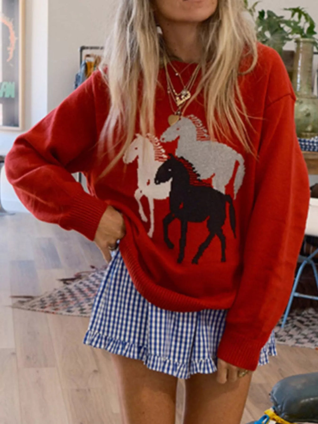 Horse Round Neck Long Sleeve Sweater