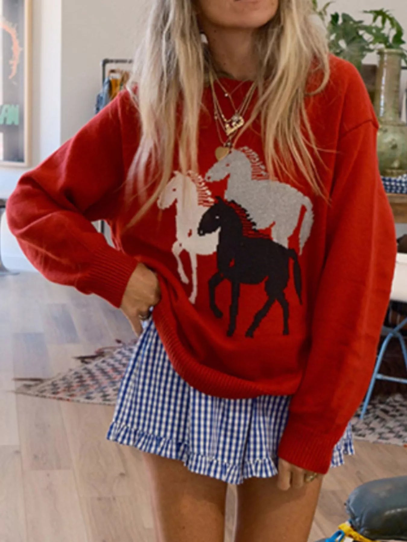 Horse Round Neck Long Sleeve Sweater