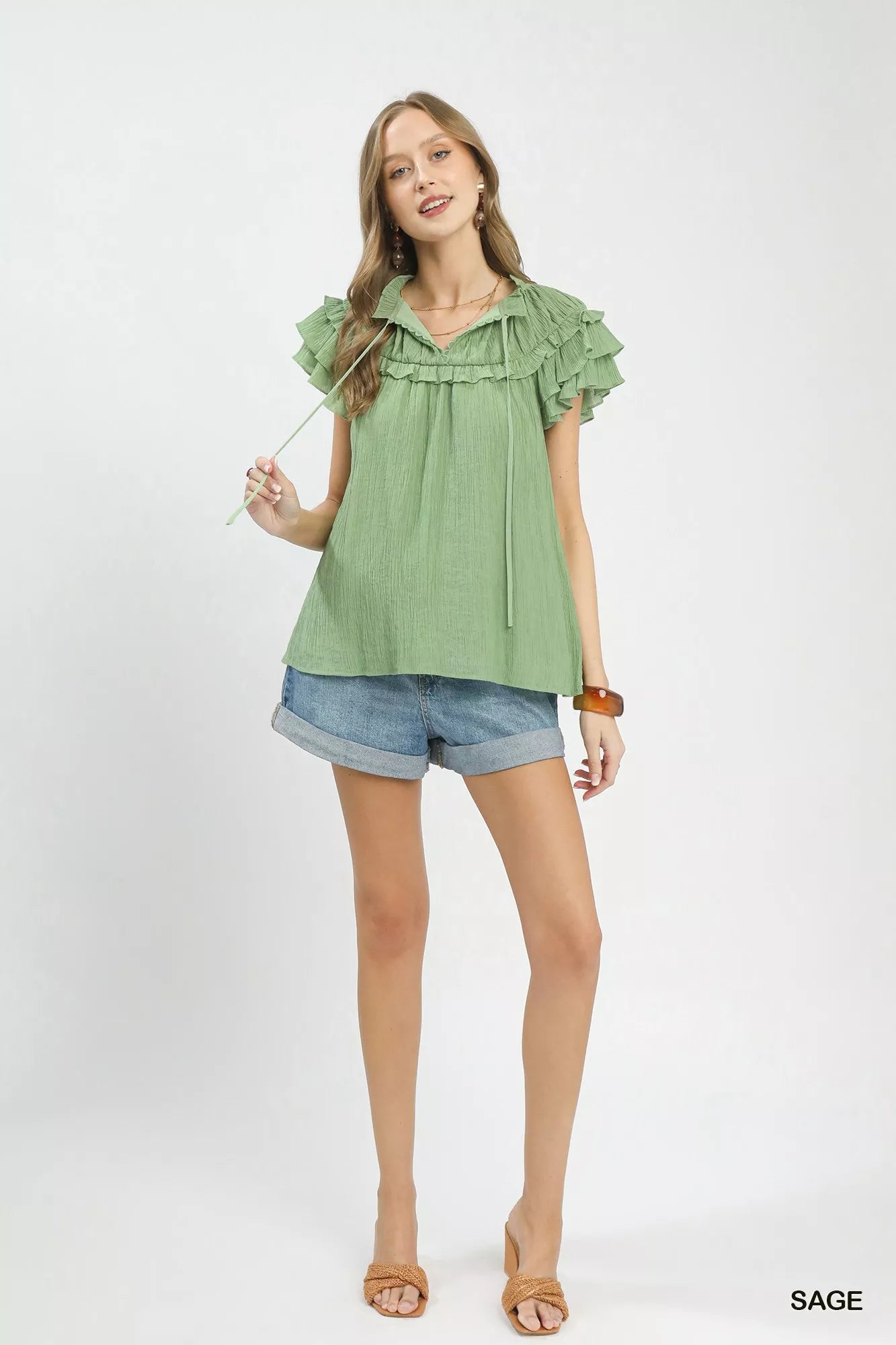 Umgee Ruffled Flutter Sleeve Textured Blouse
