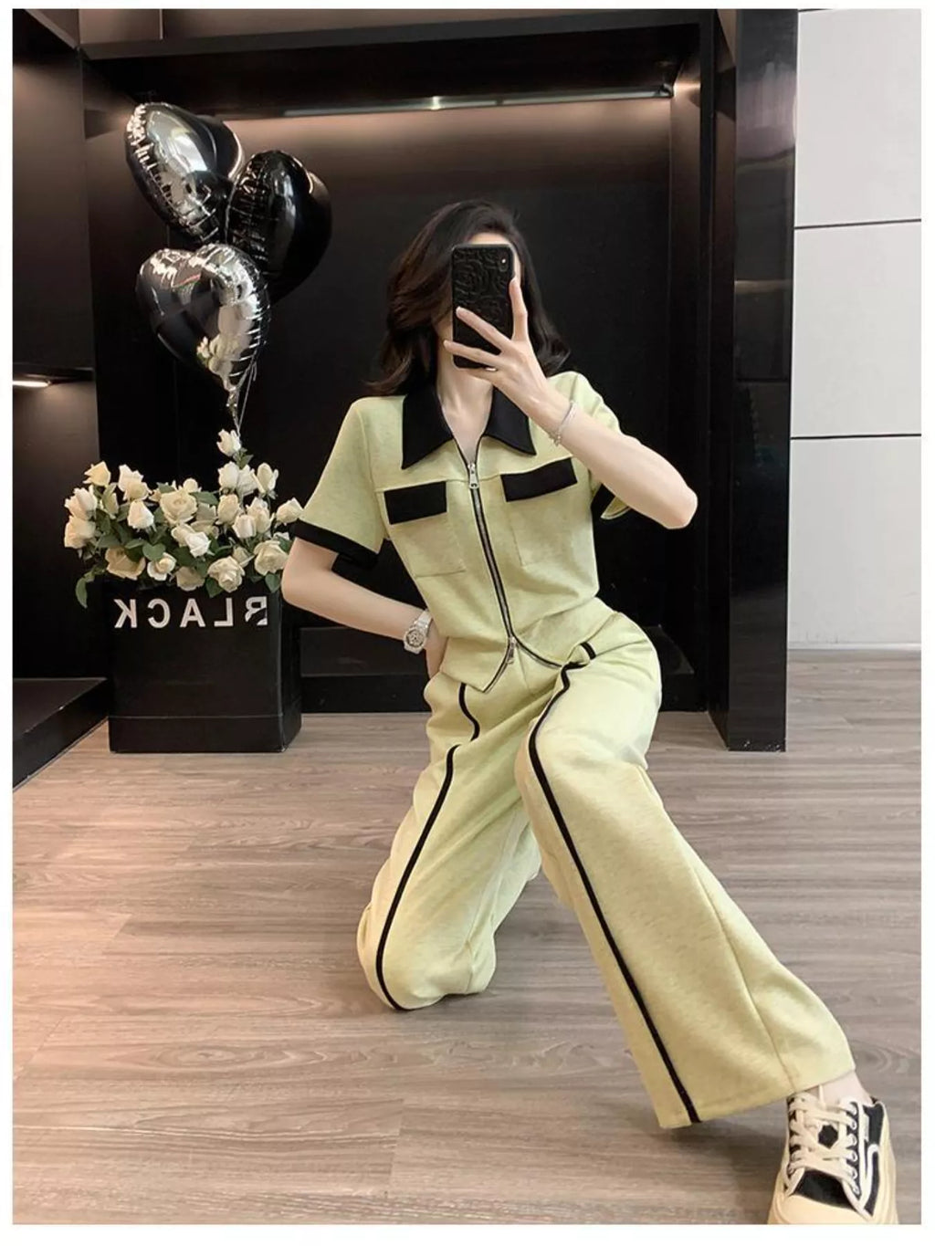 Contrast Zip Up Top and Wide-Leg Pants Set