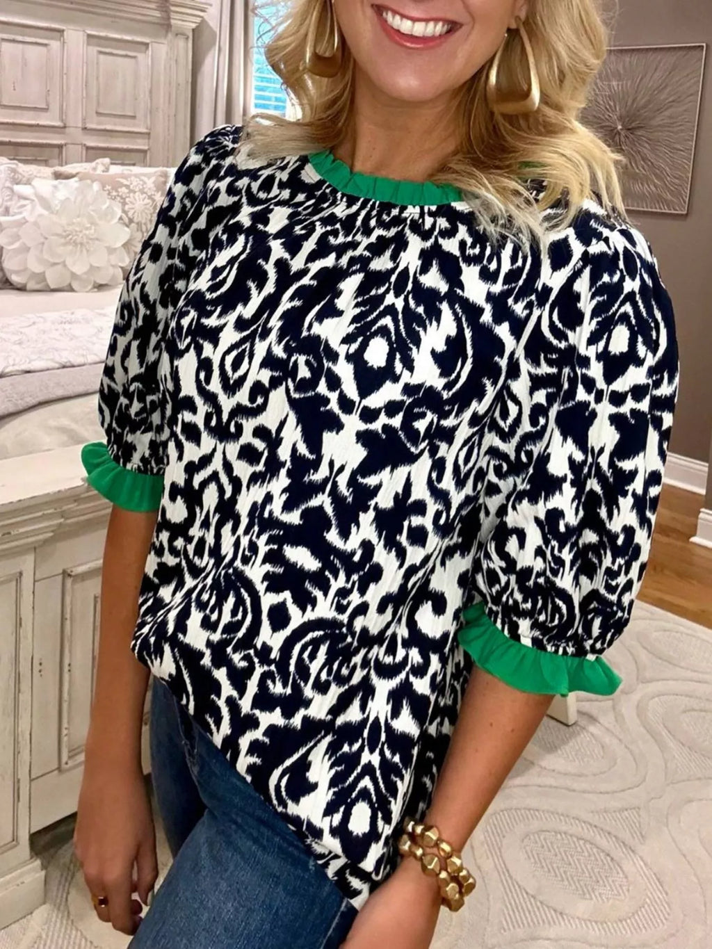 Damask Print Ruffled Color Block Detail Half Sleeve Blouse