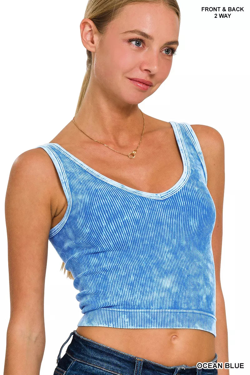 Zenana 2 Way Neckline Washed Ribbed Seamless Tank Top
