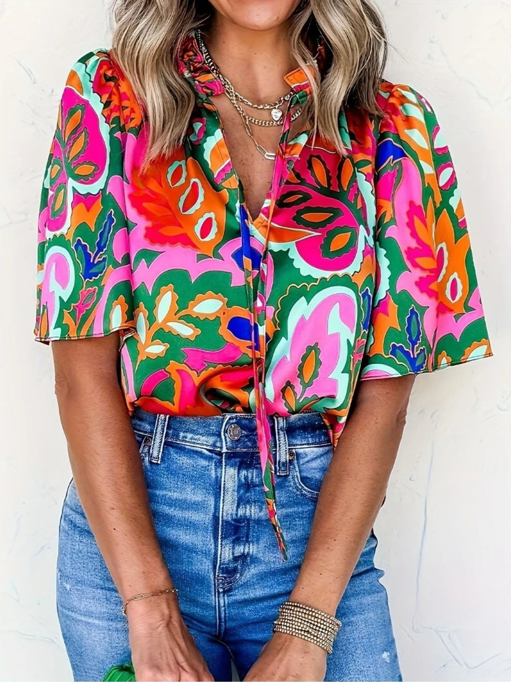 Printed Tie Neck Short Sleeve Blouse
