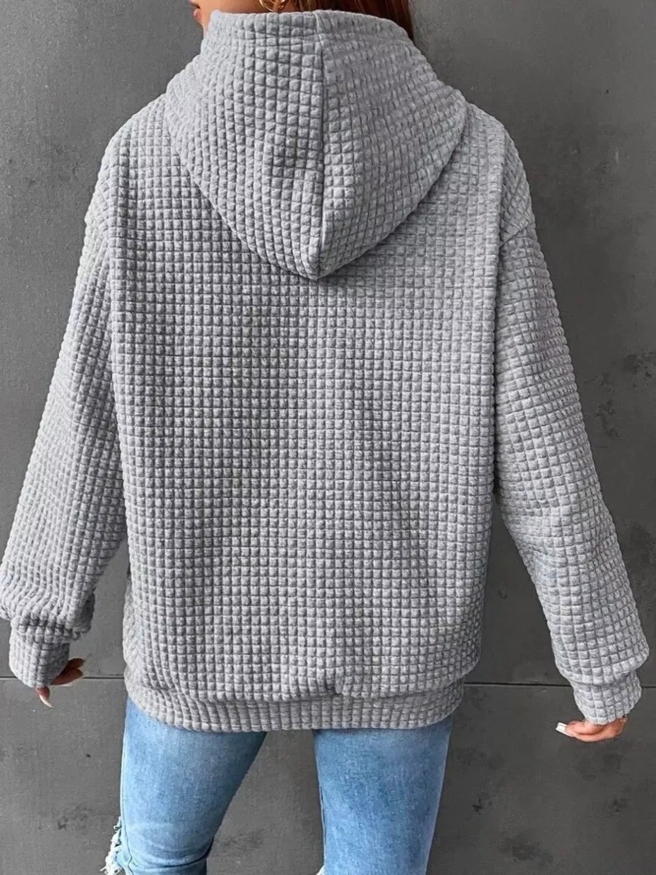 Waffle Knit Hoodie with Drawstring Details