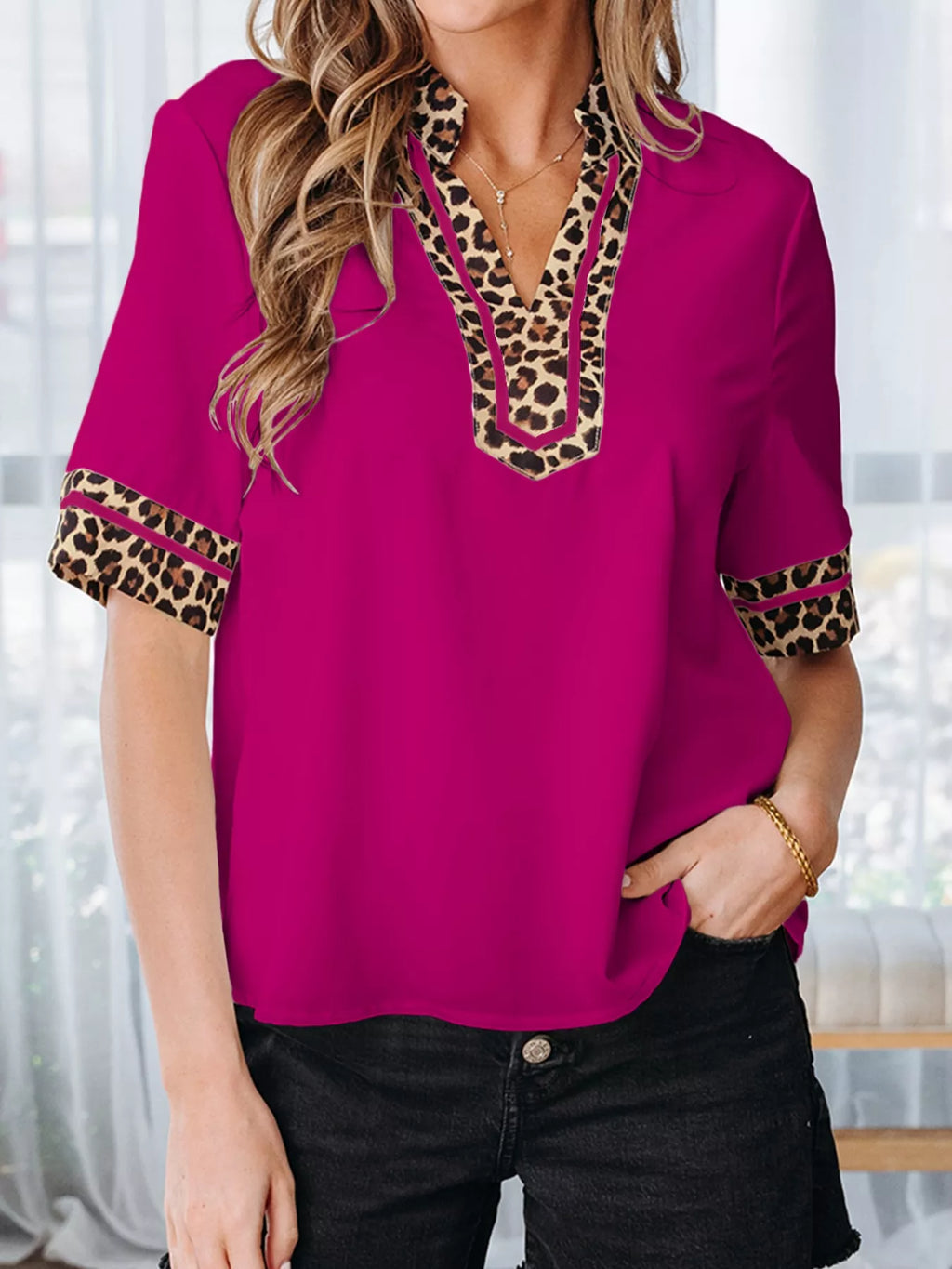 Leopard Patchwork Trim Split Neck Short Sleeve Blouse