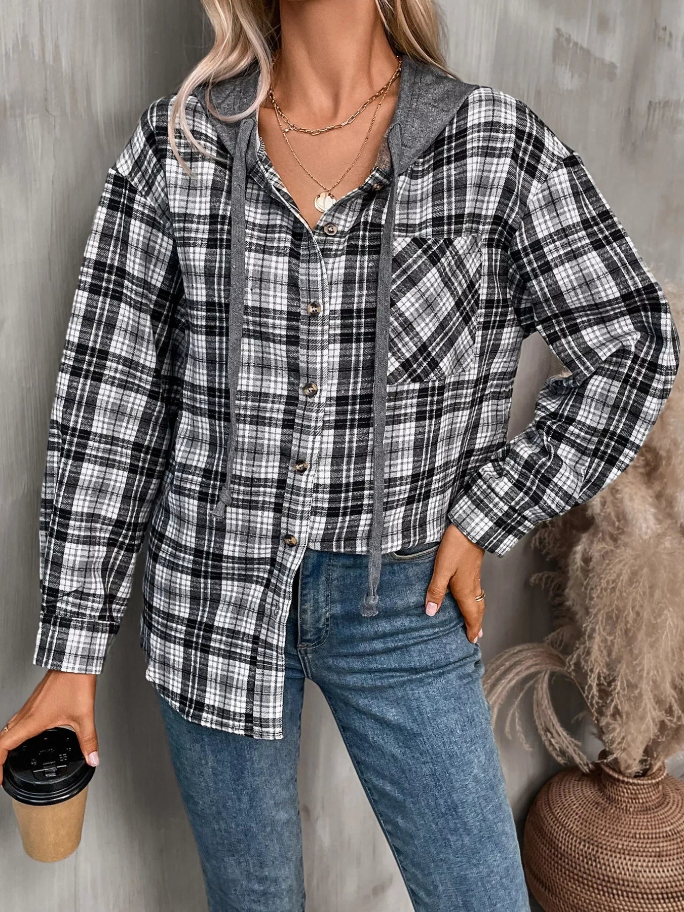 Plaid Button-Up Hooded Shirt with Chest Pocket