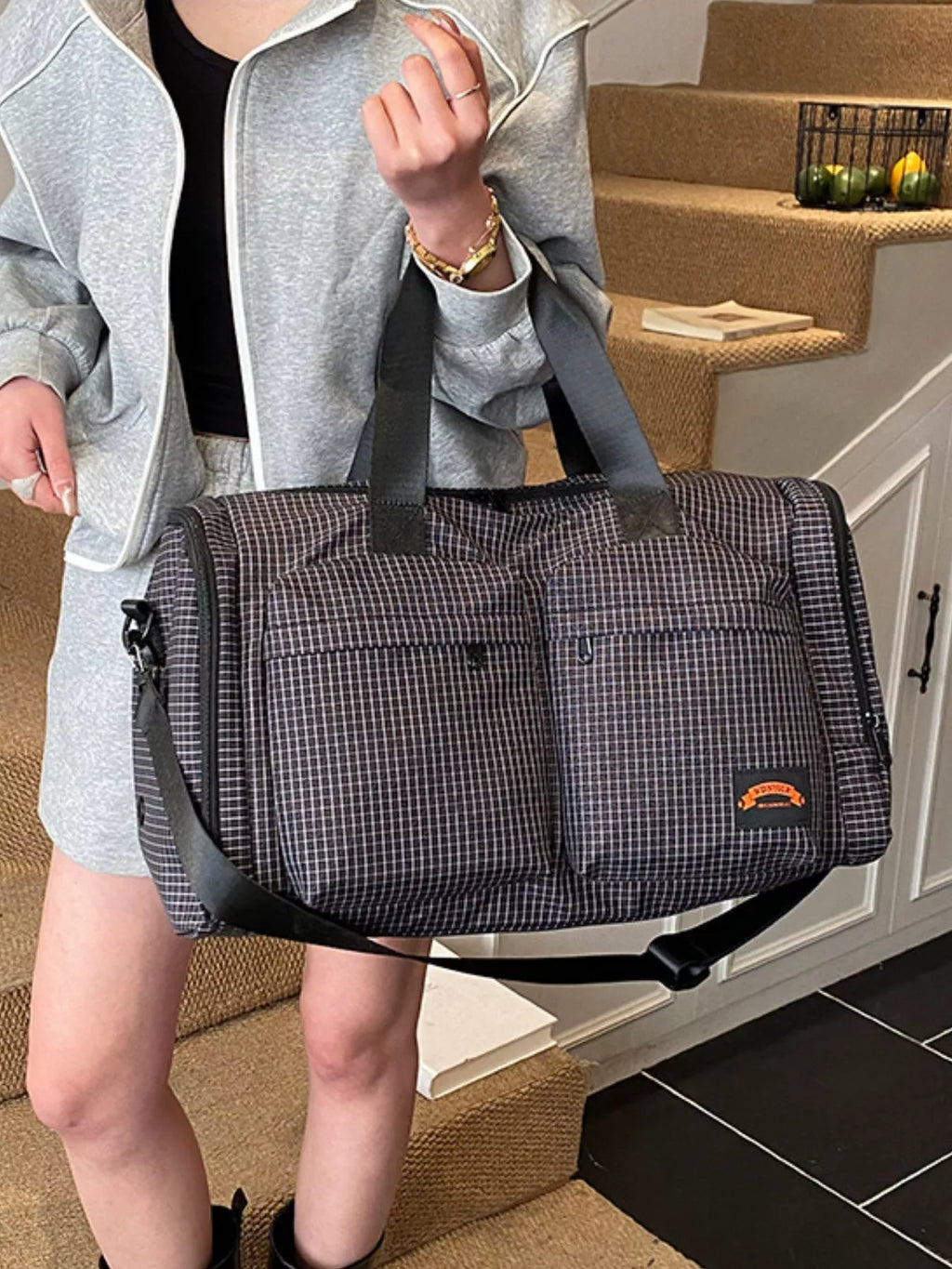 Plaid Duffel Bag with Multiple Pockets