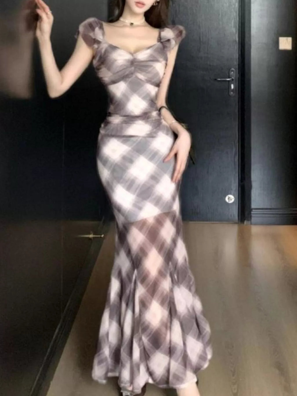Plaid Ruffle Cap Sleeve Bodycon Maxi Dress
